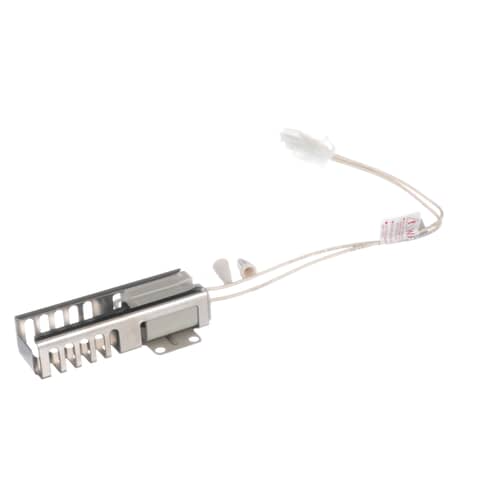 Detailed view of the GE WB13K21 Burner Igniter showing the flat-style gas igniter, wiring connector, and porcelain wire nuts, designed for efficient oven burner ignition and long-term durability.