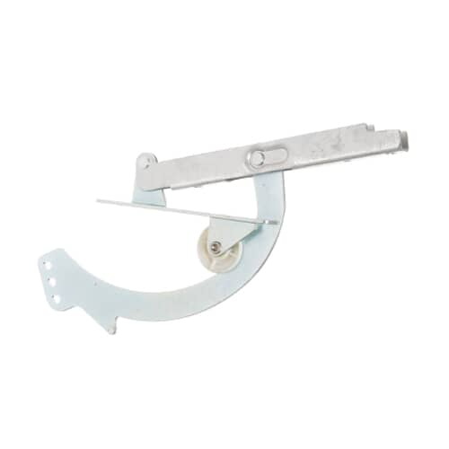 Side view of the WB14X103 hinge showing the roller wheel and curved arm mechanism.