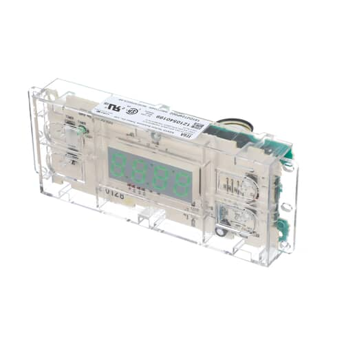 GE WB27T10469 Electronic Oven Control Board (Clock/Timer) with LED display in clear plastic casing.