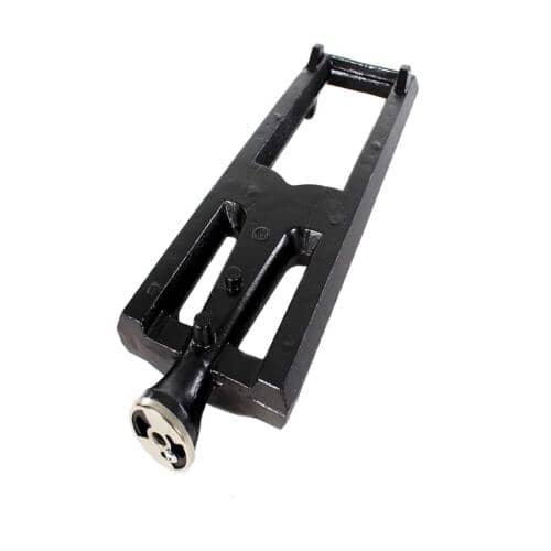 Angled view of the GE WB28X10021 burner, showing the cast iron body and integrated venturi pipe.