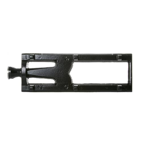 Overhead view of the GE WB28X10021 cast iron H-shaped gas grill/griddle burner.