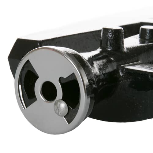 Close-up of the venturi end of the WB28X10021 H burner with the adjustable air shutter (chrome cap).