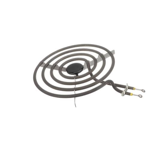 Angled view of the 8-inch coiled heating element, showing the four-turn design and black medallion.