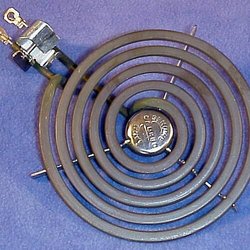 Overhead view of the GE WB30X359 6-inch range surface element with mounting hardware and terminal blocks.