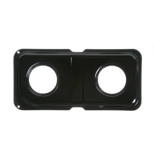 Top view of the rectangular black porcelain pan with two burner holes.