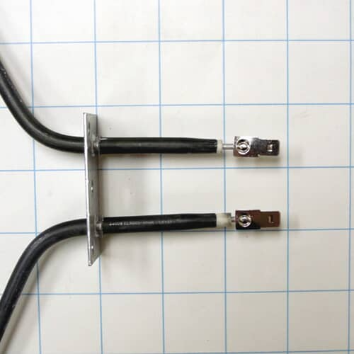 Close-up of the terminal ends and mounting plate for the WB44K5009 oven broil element.