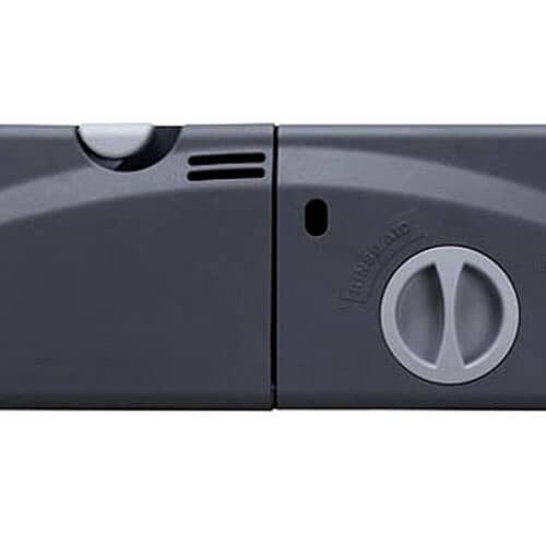 Close-up view of the latch/hinge area of the dishwasher rinse aid dispenser module