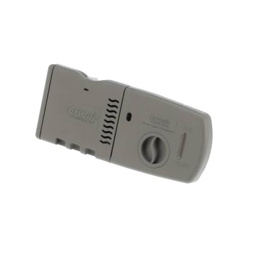 Gray GE WD12X10163 rinse aid dispenser module shown from an angle with Cascade branding visible