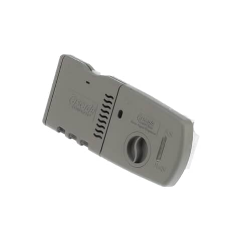 Gray GE rinse aid dispenser showing the dial for adjusting rinse aid level