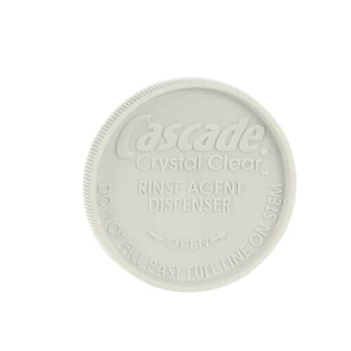 Top view of the white GE WD12X10284 rinse aid cap showing Cascade branding and fill instructions