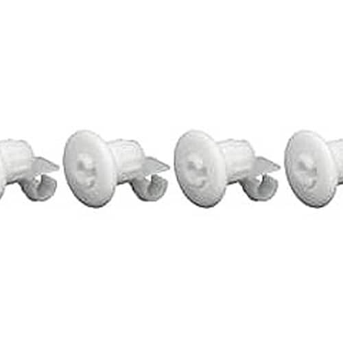 Row of the four white dishwasher roller assemblies showing the circular head and locking tab