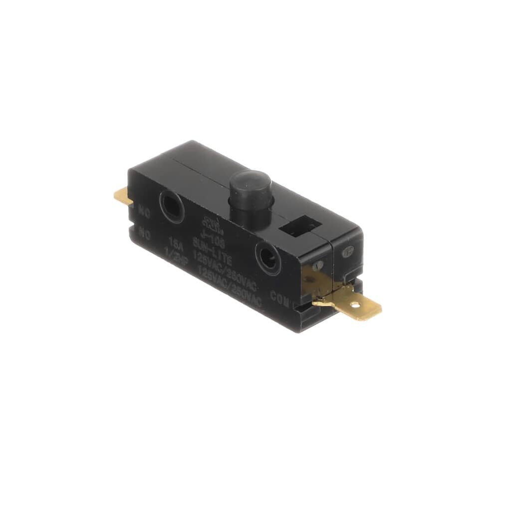 Side profile of the GE WD21X10261 Switch Interlock, showcasing the electrical terminals and durable plastic housing used in various GE appliances.