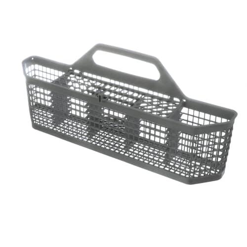 Angled view of the gray GE silverware basket assembly showing the carrying handle