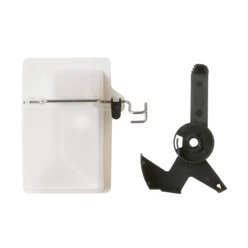 Angled view of the plastic rinse aid dispenser component.