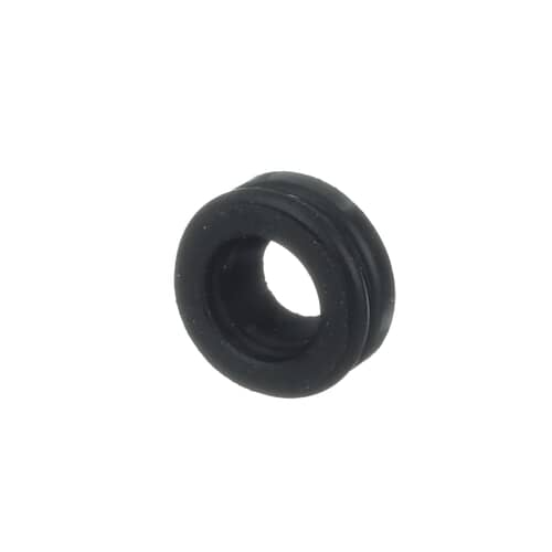 Angled view of the black rubber shaft seal against a white background