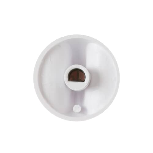 Simple, isolated view of the white, round appliance control knob.