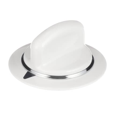 Front view of the white timer knob showing the silver/chrome trim ring and the top indicator mark.