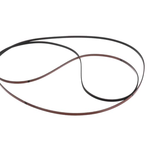 A view of the long drive belt stretched out to show its length and width.