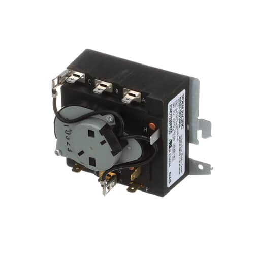 View focusing on the upper electrical terminals (A, B, C) and the attached wiring harness of the timer module.