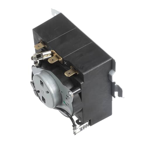 Angled view showing the right side of the timer body with its mounting tab and the attached electrical wiring.