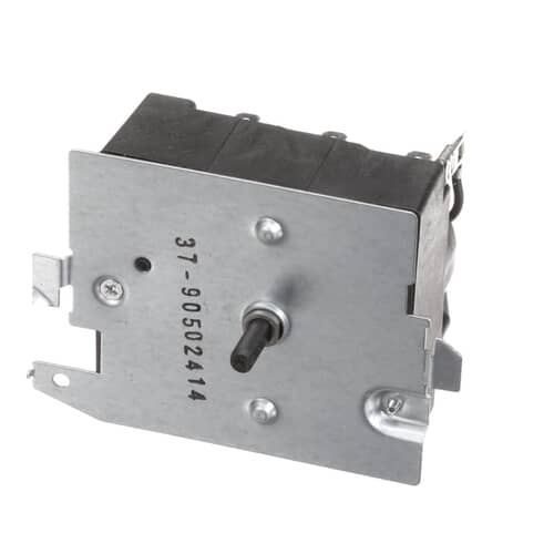 Angled view showing the back side of the timer, revealing the rotary switch mechanism and electrical terminals.