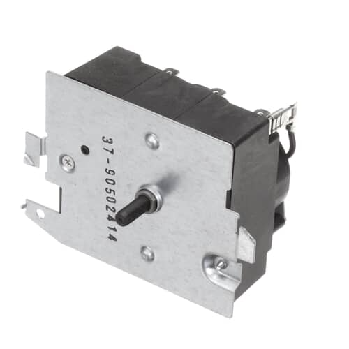 Front view of the timer showing the control shaft protruding from the silver mounting plate and the electrical rating label.