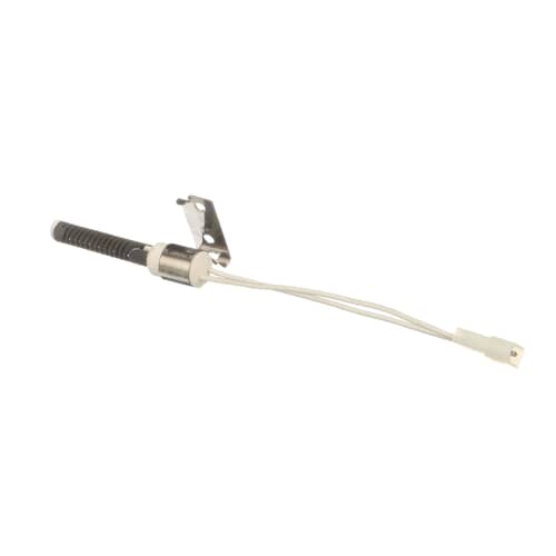 Angled view of the dryer igniter showing the dark gray ceramic element, mounting bracket, and white wires with a connector.