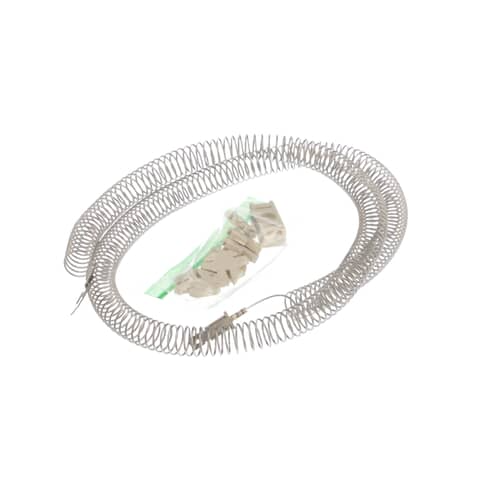 The coiled metal heating element wrapped into a large oval loop, with a small plastic bag of connectors inside.