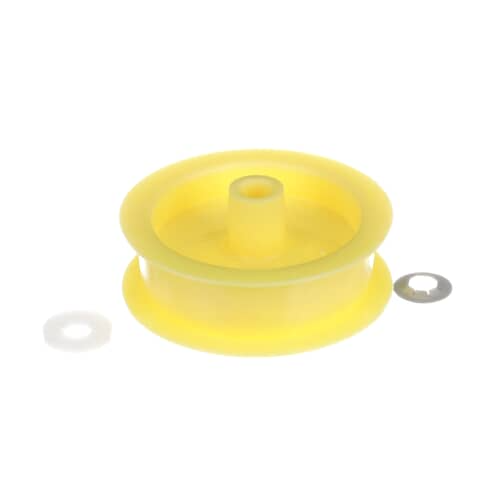 GE WE12X81 idler pulley kit showing the yellow pulley, white washer, and metal clip
