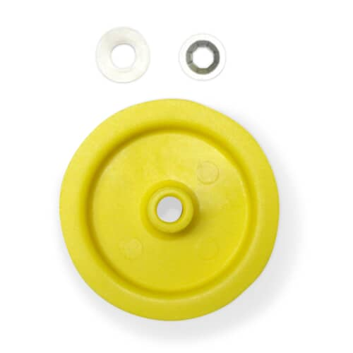 Close-up of the yellow pulley with the separate white washer and metal retaining clip