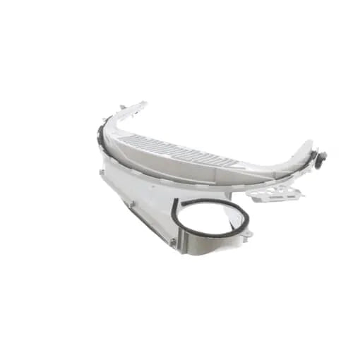 Angled view of the curved white plastic dryer duct assembly showing the textured surface and the black rubber seal ring.