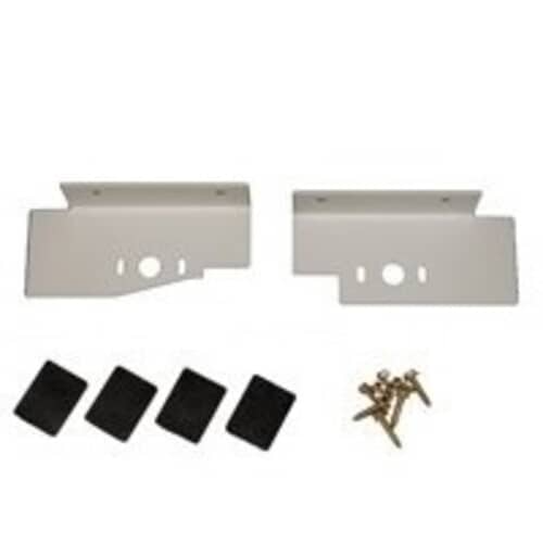 A closer view of the two white metal mounting brackets, showing holes for mounting to the appliances.