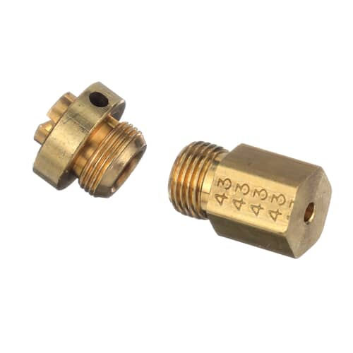 The kit contents showing two brass orifices (one hexagonal, one flat-head) isolated on a white background.