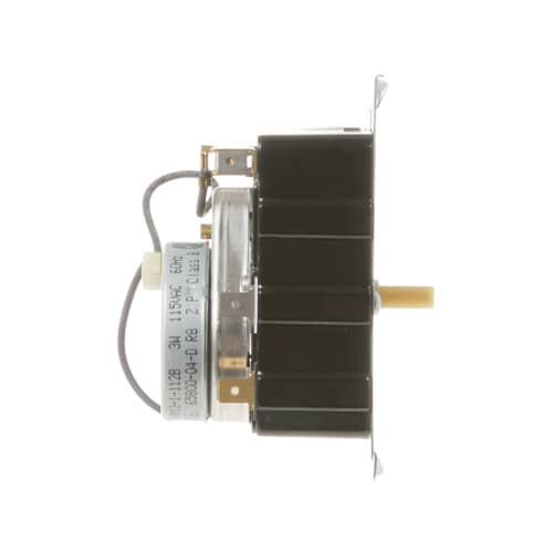 Side profile of the GE dryer timer assembly showing the motor housing, wiring, and the protruding plastic shaft.