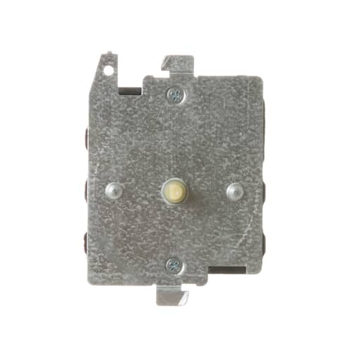 Rear view showing the metal mounting plate of the timer, secured with visible screws, and the central plastic shaft connection point.