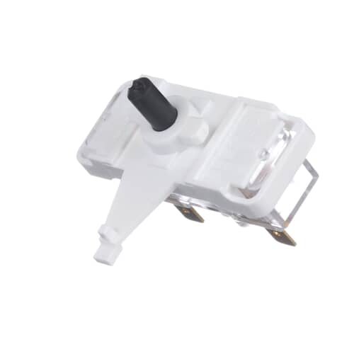 Front view of the rectangular switch assembly showing the black push-stem and two exposed brass electrical terminals.