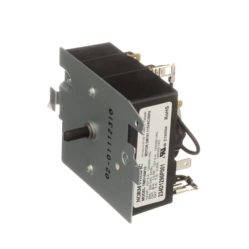 Angled view showing the electrical terminals and the motor side of the timer housing.