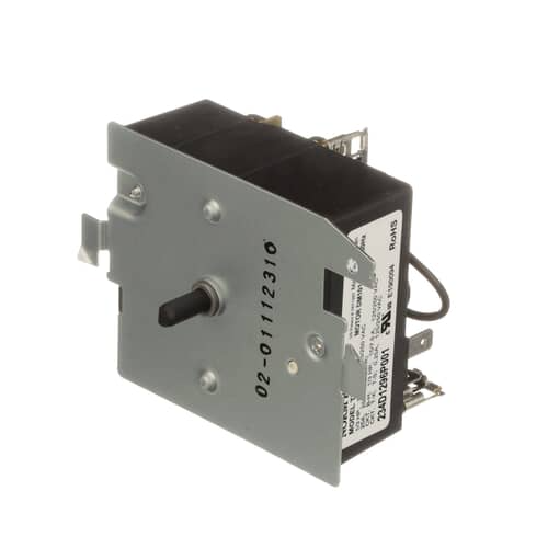 View of the back of the timer showing the part number sequence "02-01112310" stamped on the metal plate.