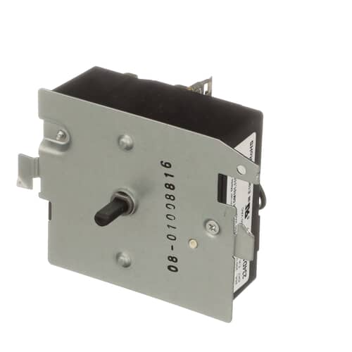 Front view of the timer showing the control shaft protruding from the silver mounting plate and the label with electrical ratings.