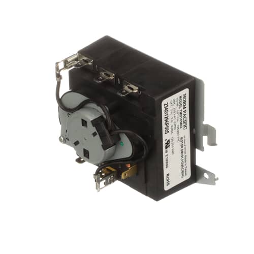 Angled view showing the back end of the timer, revealing the motor housing and lower terminals (S, X, H, F).