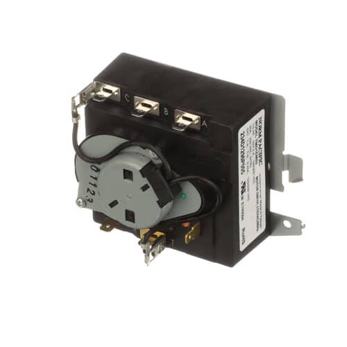 Front view of the timer showing the silver mounting plate, the yellow control shaft, and the electrical rating label on the side.