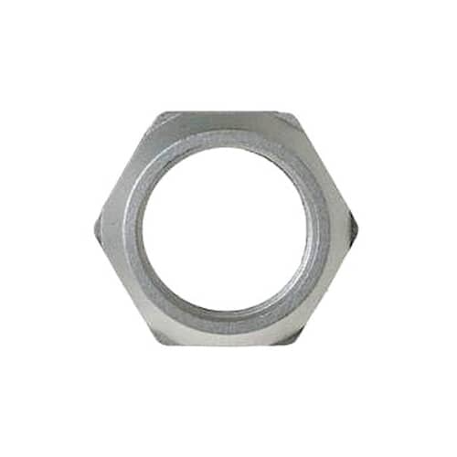 Top view of a silver/metal version of the GE hub nut against a white background