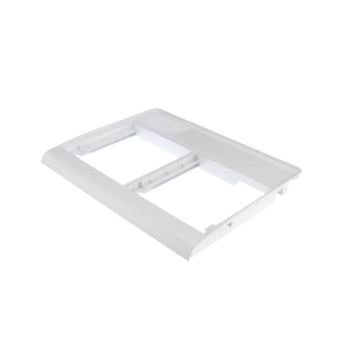 Angled view of the white plastic pan cover frame, showing its curved front edge and internal support structure.