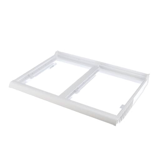 Front view of the white plastic vegetable pan cover frame against a white background.