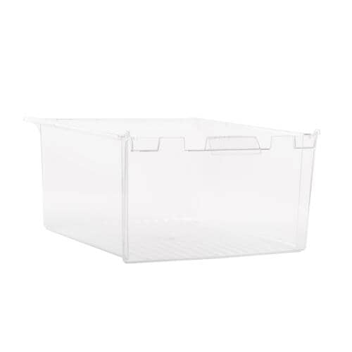 Angled view of the clear plastic vegetable drawer showing its slightly curved shape against a white background.