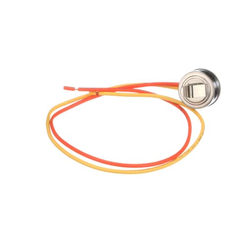 Angled view of the cylindrical defrost thermostat showing the metallic cap and the dark end piece with wires attached.