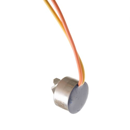The thermostat assembly with its orange and yellow wires looped against a white background.