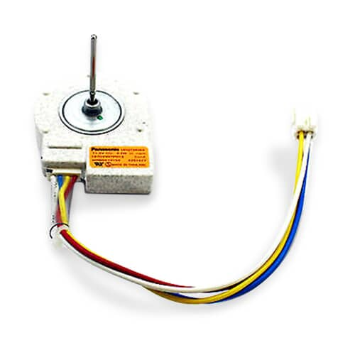 Side view showing the motor assembly on a blue surface, highlighting the wiring harness connecting to a white multi-pin plug.