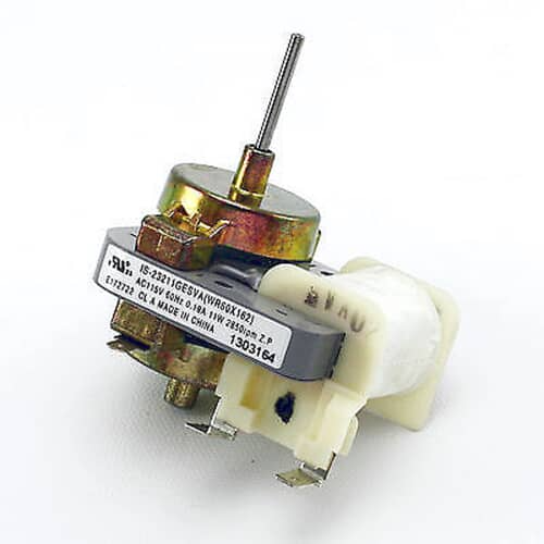 A close-up of the GE WR60X162 evaporator fan motor showing the model number IS-23211GESVA and electrical specs.