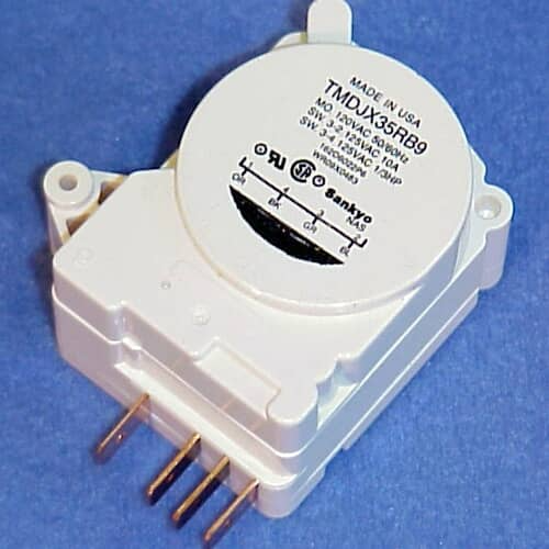 An angled view of the GE WR9X483 defrost timer, model TMDJX35RB9.